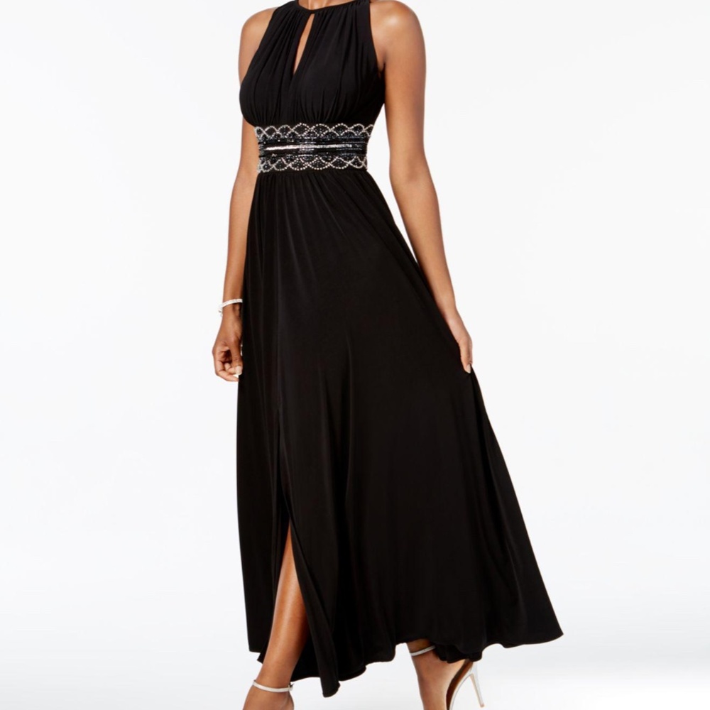 R&M Richards Black Beaded Evening Gown Keyhole Formal Dress NWT